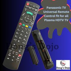 the remote control is next to an advertise for plasma hdtv's