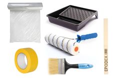 various items that include a brush, sponge, and other household goods are shown in this image