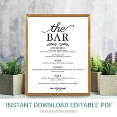 the bar menu is displayed in front of some potted plants