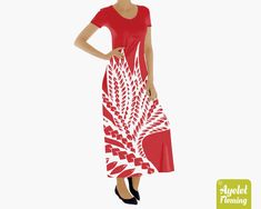 "IF YOU NEED YOUR ITEMS TO ARRIVE BY SPECIFIC DATE PLEASE UPGRADE TO EXPRESS SHIPPING AT THE CART. This gorgeous Hawaiian/Polynesian long maxi dress is retro looking featuring white bird of paradise design on red background. If you would rather this dress was in another color or combination of colors please get in touch and let me know and I will do my best to accommodate you. This unique and eye catching summer maxi dress with red short sleeves is the perfect dress for daytime or evening casual White Bird Of Paradise, White Cotton Maxi Dress, White Frock, Polynesian Dress, Hawaiian Dresses, Tropical Maxi Dress, Cotton Maxi Dress, Dress With Sleeves, Turquoise Background