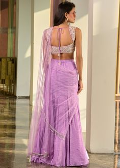 Lavender gusset skirt paired with sequence and glass bead embellished blouse and heavily embellished tulle dupatta. Lavender Lehenga, Embellished Lehenga, Vacuum Storage, Indian Wedding Wear, Georgette Blouse, Flowing Skirt, Wedding Looks, Wedding Wear