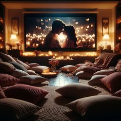 a man and woman kissing in front of a large screen tv with candles on it