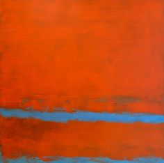 an orange and blue abstract painting with horizontal lines on the bottom half of the painting