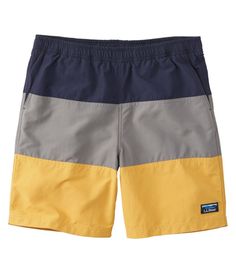 The most versatile swim trunks under the sun. Always up for adventure on water and land, these colorblock shorts are comfortable for swimming, kayaking, running and more. Classic Fit: Sits at waist. Trim through hip and thigh. Inseam: 8". Rinse thoroughly after use. Built-in brief liner made from super-soft, quick-drying and anti-odor polyester mesh. UPF 50+ fabric blocks at least 97. 5% of the sun's UV rays. 100% nylon. Machine wash and dry. Fully elastic waistband has an internal adjustable dr Water Repellent Fabric, Mens Swimwear, Ll Bean, L L Bean, Sport Shorts, Colorful Fashion, Swim Trunks, Upf 50, Water Repellent