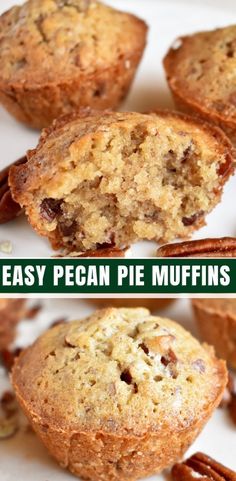 pecan pie muffins on a white plate with pecans around the edges