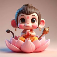 a little monkey sitting on top of a pink flower with an instrument in it's hand