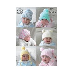 four pictures of babies wearing knitted hats