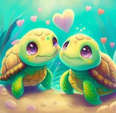 two little turtles sitting next to each other on the beach with hearts in the background