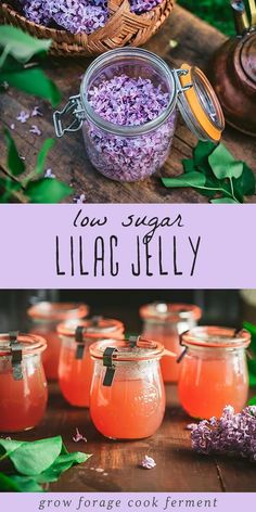 jars filled with sugar and lavender flowers on top of a wooden table in front of green leaves