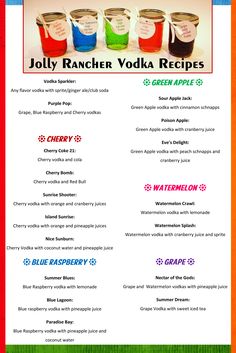 the menu for jolly rancher vodka recipe is shown in red, green and blue