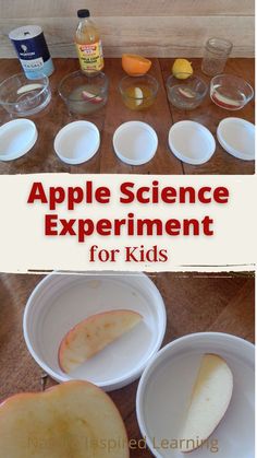 an apple science experiment for kids with apples in bowls and spoons on the table