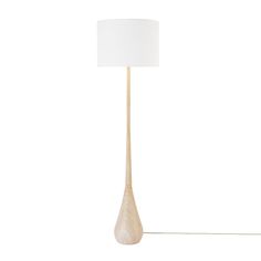 a wooden floor lamp with a white shade on the base and a light bulb attached to it