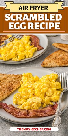 two plates with scrambled eggs and toast on them