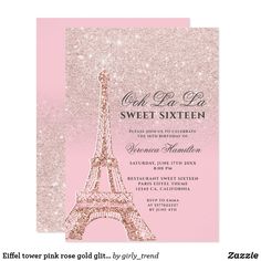 the pink glitter eiffel tower sweet sixteen birthday party card is displayed on a white background