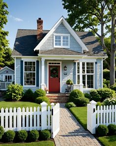 a blue house with white picket fence and red door