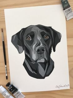 a painting of a black lab dog on white paper next to watercolor pens and markers