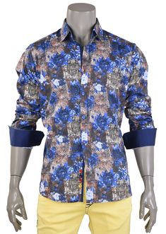 Watery flowers splash in a spectrum of blues all over a sport shirt tailored from crisp cotton with a solid pattern popping when you roll the sleeves This shirt exudes style in an all day comfortable fit. Fusing the sensibilities of a button down with the carefree feel of a tee, the textured Cotton boasts superior softness and a bit of sheen, with a contrast placket lining for a point of difference Layer it perfectly under a jacket and Offset the look with a pair of contrasting jeans Raised plac Blue Floral Print Shirt For Fall, Slim Fit Cotton Shirt With Floral Print, Slim Fit Floral Print Button-up Shirt, Brown Floral Print, Floral Print Shirt, Navy And Brown, Sport Shirt, Tailored Shirts, Brown Floral