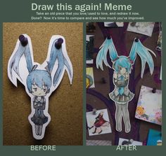 some paper cut outs are being used to make an anime character with blue hair and long legs