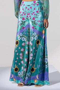 Shop for Limerick by Abirr N' Nanki Blue Crepe Printed Pant for Women Online at Aza Fashions Spring Printed Sets With Wide Leg, Spring Printed Wide Leg Sets, Spring Wide Leg Printed Sets, Blue Floral Print Wide Leg Pants For Summer, Blue Printed Wide Leg Pants For Spring, Printed Blue Wide Leg Pants For Spring, Blue Printed Pants For Spring, Spring Blue Printed Wide Leg Pants, Summer Printed Blue Wide Leg Pants