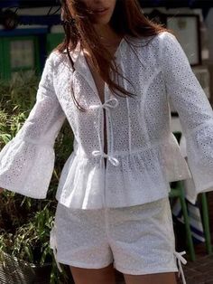 White Bow Lace-Up Flare Sleeve SuitMeasurement In CMsizeXSSMLXLshirt bust[cm]9498103106 shoulder[cm]36373839 sleeve length[cm]45464748 length[cm]51525354 shorts waist[cm]64687276 length[cm]34353637 hip[cm]98102106110 Note: 1 inch=2.54 cm Size mearsured by ourselves ,so sometimes it has 1-3cm mistakes. Please check the size carefully before you buy ;if you are not sure about size,please contact us first .Thanks! Summer Workwear Tops With Set-in Sleeves, Summer Cotton Blouse With Set-in Sleeves, Casual Long Sleeve Tops With Set-in Sleeves, Spring Blouse With Set-in Sleeves, Chic Long Sleeve Tops With Set-in Sleeves, Casual Spring Tops With Set-in Sleeves, Cotton Blouse With Set-in Sleeves For Summer, Spring Long Sleeve Blouse With Set-in Sleeves, Chic Summer Tops With Set-in Sleeves