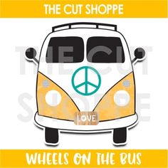 a yellow and white vw bus with peace on it