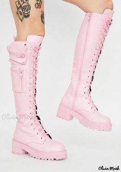 Olivia Mark - Riding Boots with Buckle Straps: Low Heels and Thick Soles for Womens High-Cut Fashionable Boots Leather Snow Boots, Womens Low Heels, Rough Heels, Equestrian Boots, Pink Boots, Leather Riding Boots, Fur Boots, Over The Knee Boots, Chunky Heels