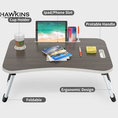 a computer desk with information about the features