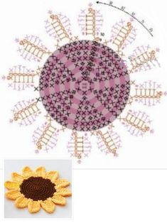 a crocheted sunflower is shown next to an image of the same pattern