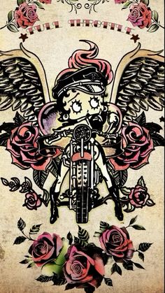 a drawing of an angel riding a motorcycle with roses on the front and back side