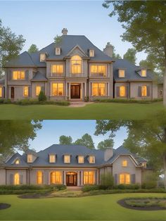 two views of a large house at night and day