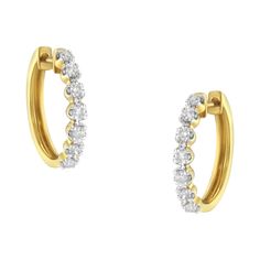 Fashioned in stunning 10k yellow gold, these beautiful huggy hoop earrings feature 1/2ct of brilliant round cut diamonds in a prong setting that delicately flow half way around the outside of the hoop. A classic piece you can wear everyday. Rose Gold Flower, Pretty Earrings, Huggie Hoop Earrings, Gold Hoop, Gold Hoop Earrings, Round Cut Diamond, Accessories Earrings, Prong Setting, Round Cut