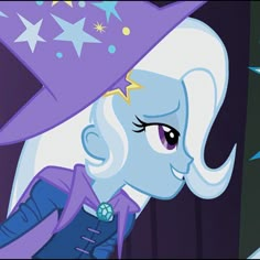 a pony with a purple hat and stars on it's head is looking at something