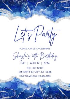 a blue and white birthday party card with the words let's party on it