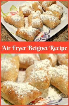 two pictures with different types of pastries on them and the same one has powdered sugar on top