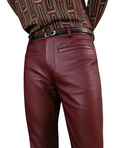 Picture of a model wearing our Mens Maroon Leather Pants Leather Shirts For Men, Maroon Leather Pants, Mens Leather Shirt, Leather Fashion Men, Mens Leather Clothing, Mens Leather Pants, Red Flare, Maroon Leather, Hoodies Mens