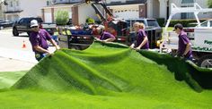 people in purple shirts are working on a large mound of green grass with a truck behind them