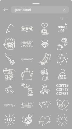 an iphone screen with various stickers on it, including the words love and coffee