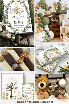 a collage of photos with baby items and decorations