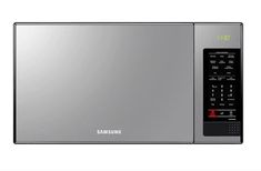 a silver samsung microwave oven on a white background