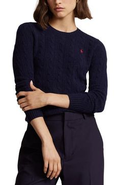 Enter the cooler seasons in classic style with this cable-stitch sweater knit from a luxurious, cashmere-kissed wool-blend yarn. Crewneck Long sleeves Ribbed cuffs and hem 80% wool, 20% cashmere Hand wash, dry flat Imported Braided Shirt, Navy Ralph Lauren, Ralph Lauren Cable Knit, Polo Ralph Lauren Women, Plain Colour, Ralph Lauren Logo, Long Sleeve Jumper, Colour Code, Ralph Lauren Women