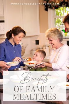 two women and a child are in the kitchen with food on plates, one is eating