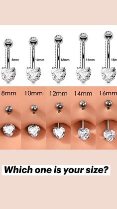 four different types of piercings with heart shaped crystal stones on each side and an image of