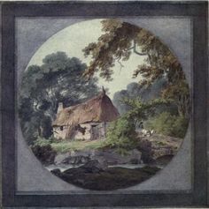 an old painting of a cottage in the woods