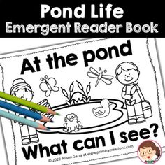 an emerge reader book with two pencils next to it and the words, at the pond what can i see?