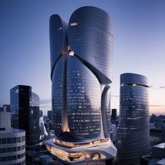 an architectural rendering of a futuristic building in the city at dusk with skyscrapers surrounding it