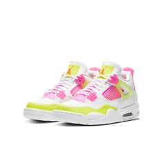 This Kids Nike Air Jordan 4 Retro GS "White Lemon Pink" continues the excellence of the AJ4 line. This pair is using kids favorite colors neon Lemon Venom/Pink Blast on the white to create irresistible cuteness. With AJ4's signature visible Air-Sole unit and red inner softpad, all kids are gonna wear this all day long. Jordan Shoes For Kids, Cute Jordans, Nike Shoes Women Fashion, Pink Nike Shoes, Pretty Sneakers, Shoes For School, Back To School Shoes, Preppy Shoes, Pretty Shoes Sneakers