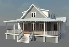 a rendering of a beach house with stairs leading up to the front door and second story