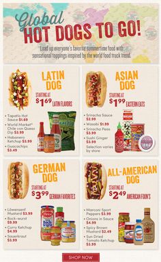 an advertisement for hot dogs and condiments with prices