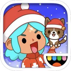 a girl with blue hair wearing a santa hat and holding a teddy bear in her hand