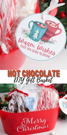 hot chocolate gift basket with merry christmas stickers on it and the words hot chocolate diy gift basket